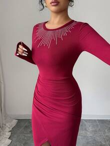 Rafferiza Burgundy Autumn Elegant Dining Women Red Dress, Party Hot Brick Pleats Waist Hem Slit Hip Wrap Shiny Long Christmas New Year Dress For Ladies - Red - View 6