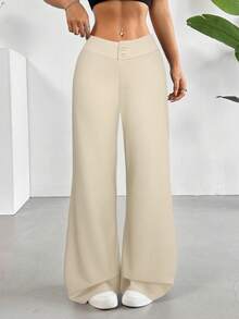 SHEIN EZwear Women's Casual High Waist Flare Leg Apricot Pants, Autumn - Apricot - View 3