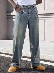 ROMWE MEN Street Life 男士时尚水钻装饰宽松口袋牛仔裤 - 藍色 - 查看 4