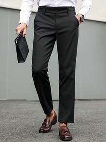 Calvornis Solid Color Pocket Business Casual Straight Leg Trousers - Black - View 1