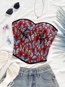 Soleia 休闲度假西部海滩婚礼宾客着装毕业早午餐女士，圣帕特里克节春假复活节音乐节优雅波西米亚热带无肩带蝴蝶提花抹胸上衣 - 彩色 - 查看 3