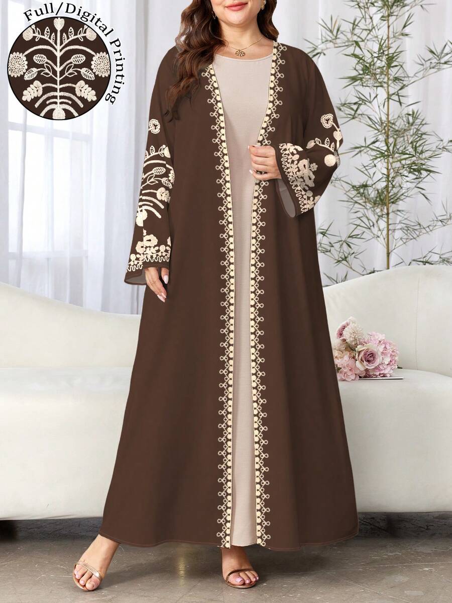 SHEIN Najma Plus Size Women's Floral Print Long Sleeve Casual Arabic Abaya Robe, Suitable For Spring And Autumn - Multicolor - View 1