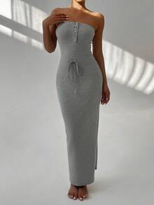 FavEase Damen Lässig einfarbiges Bodycon Tube Kleid mit Tunnelzug in der Taille, ganzjährig tragbar