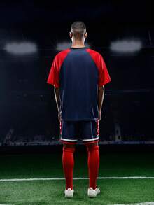 Captain Tsubasa X SHEIN Men's Summer Sports Numeric & Letter Graphic V-Neck Contrast Raglan Short Sleeve Loose T-Shirt And Shorts Basketball Uniform Set - Dark Grey - View 3