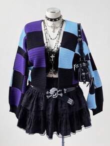 Sunspun Áo len cardigan tay dài hở trước họa tiết kẻ caro Halloween cỡ lớn cho nữ, mùa thu/đông - Nhiều màu - Xem 3