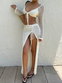 Sunnyshic Bộ 2 món áo len hở vai tay raglan gợi cảm kèm chân váy mini xẻ tà bên hông cho kỳ nghỉ của nữ - Màu be - Xem 3