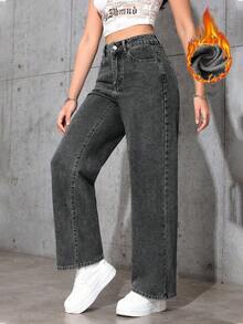 Jeanoix 女式高腰口袋阔腿宽松休闲百搭牛仔裤 - 深灰色 - 查看 4