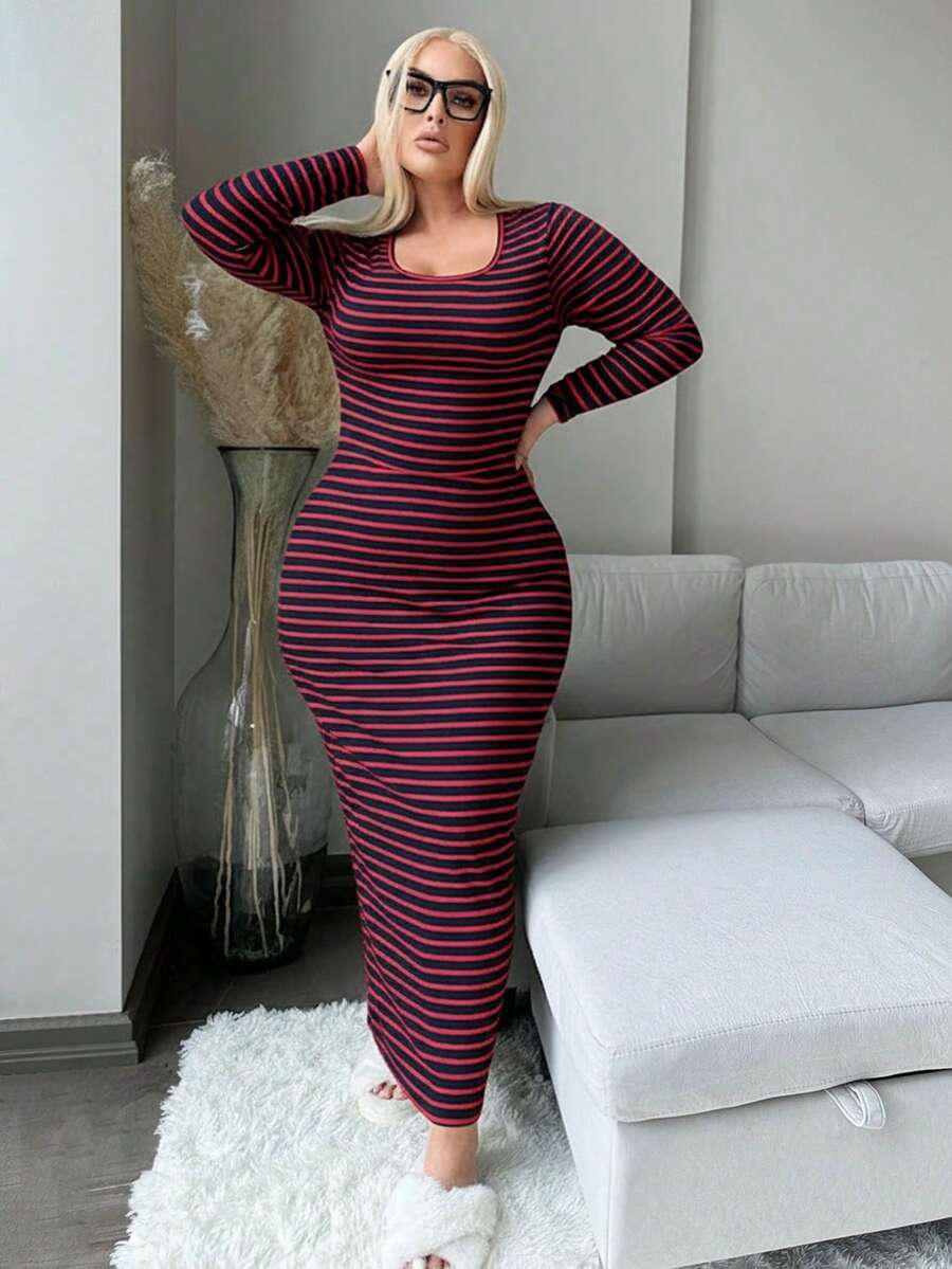 SHEIN SXY 大码女式舒适休闲圆领长袖紧身连衣裙，秋冬 - 彩色 - 查看 1