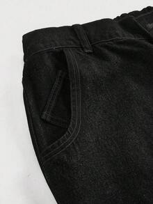 SHEIN PETITE CURVE 大码女式高腰口袋阔腿宽松休闲牛仔裤 - 黑色 - 查看 5