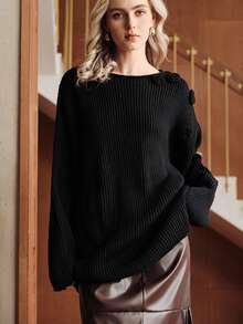 Uhlyne Solid Color Minimalist Crew Neck Long Sleeve Sweater, Elegant Casual High-End Vintage Style, Handcrafted Crochet Details, Women Knit Pullover Suitable For Daily Commute, Holidays, Parties - Black - View 1