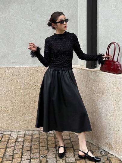 K-Vae Camiseta de cuello alto con textura y puño de peluche de moda sólida