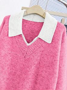 Franclia V-Neck 2 In 1 Long Sleeve Sweater, Autumn/Winter - Hot Pink - View 7