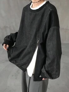 FRIFUL 女士休闲时尚宽松落肩拉链装饰牛仔外套，春秋季长袖 - 灰色 - 查看 1