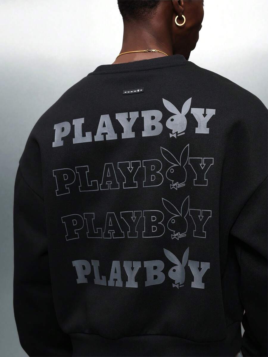 PLAYBOY X SUMWON Áo nỉ chui đầu dáng croptop in logo họa tiết tay dài thường ngày dạo phố - màu đen - Xem 1