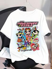 THE POWERPUFF GIRLS X SHEIN 加大码宽松花朵、泡泡、毛茛图案短袖 T 恤 - 白色 - 查看 7