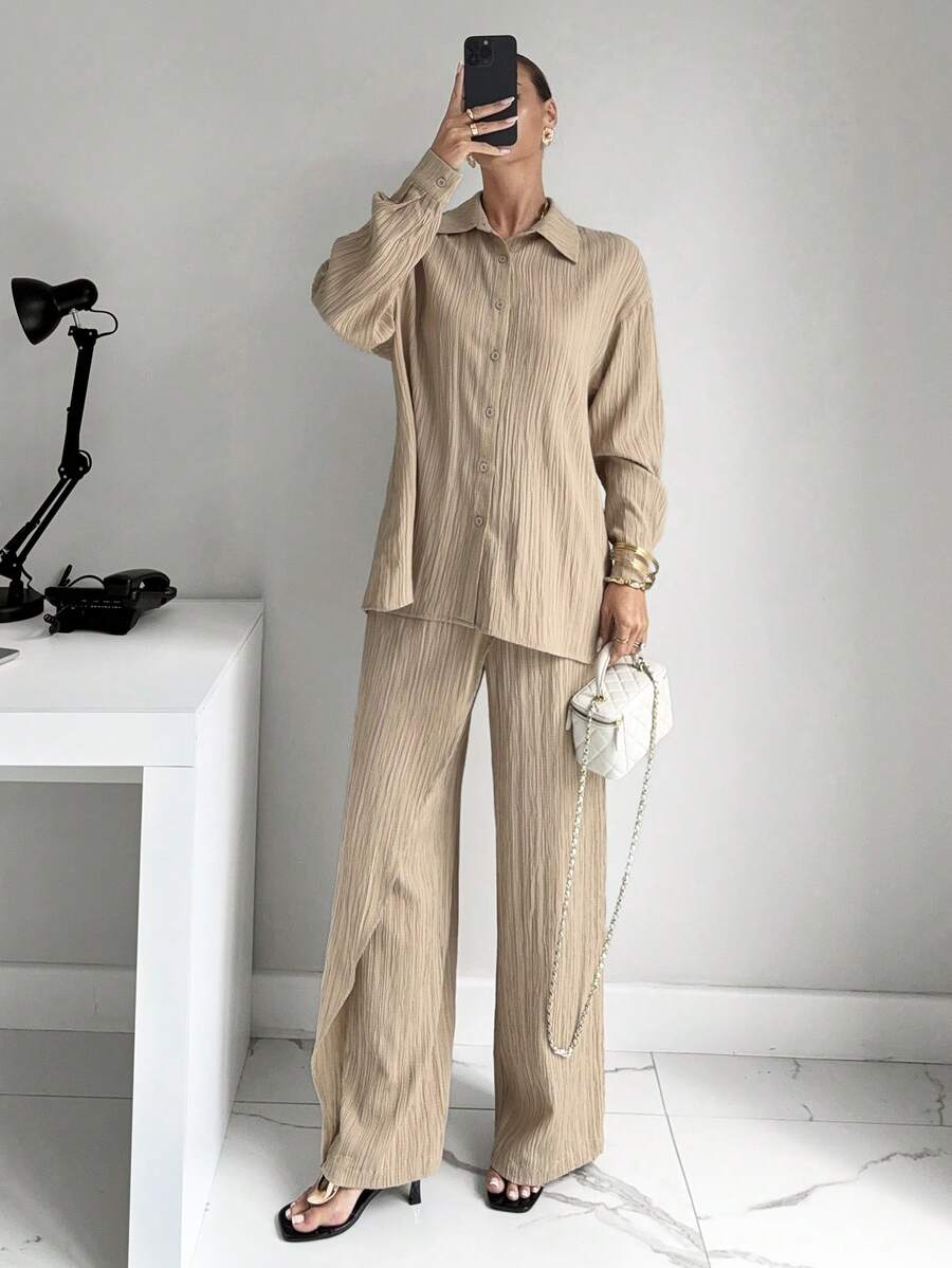 Siren Gaze Women's Solid Color Minimalist Long Sleeve Top And Pants 2 Pieces Set, Everyday Wear Winter Brown Casual - Khaki - View 1