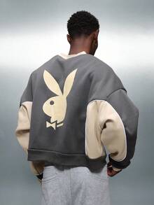 PLAYBOY X SUMWON Crop Fit Bunny Logo Pullover Sweatshirt With Contrast Sleeves And Ribbed Cuffs - Grey - View 2