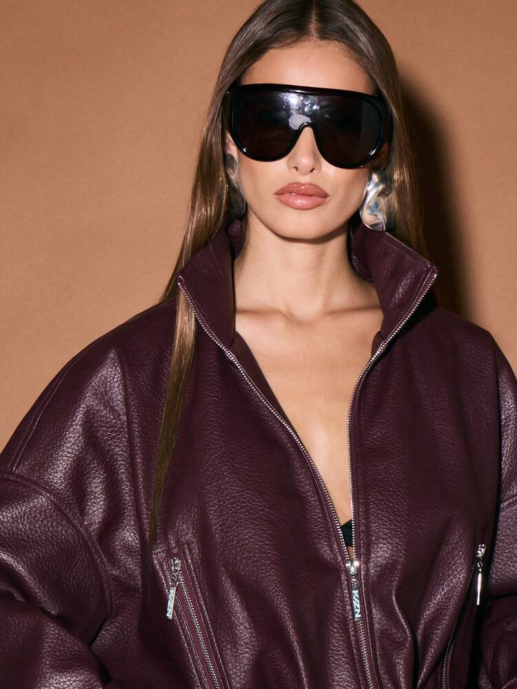 KIZN オーバーサイズ フェイクレザー ボンバージャケット ジップフロント クロージャー ウインターアウター