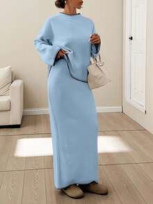 SHEIN Women Stitch Detailed Round Neck Drop Shoulder Pullover & Sweater Skirt Set - Baby Blue - View 5