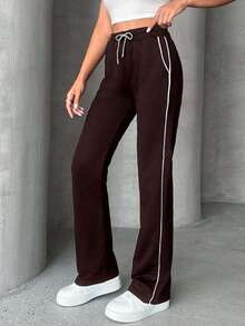Drawstring Waist Slant Pocket Casual Flare Legs Sweatpants - Coffee Brown - View 3