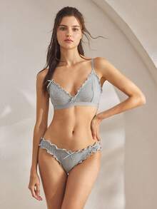 Ocili Leisure Minimalist Comfortable Ribbed Wireless Bralette & Bow Decor Panty Set, Chic Autumn - Grey - View 4