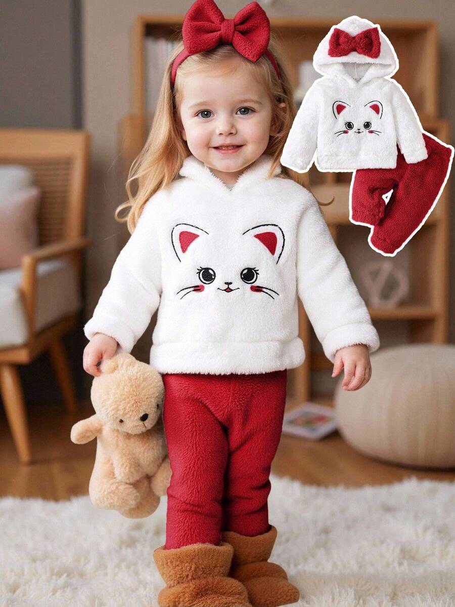 SHEIN 2件套女婴加厚羊毛保暖服，秋冬 - 紅色 - 查看 1