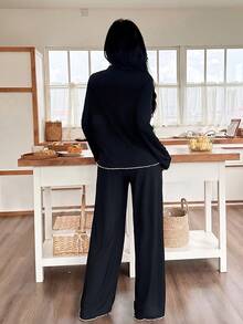 SHEIN 2件套女士宽松休闲柔软撞色滚边针织面料撞色荷叶边睡衣套装秋冬服装 - 黑色 - 查看 2