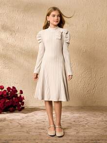 青少年女孩时尚羊腿袖领结连衣裙 - 杏色 - 查看 3