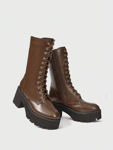 Sugerpunk 女士时尚棕色厚底摩托车中筒靴，街头风格 - 棕色 - 查看 4