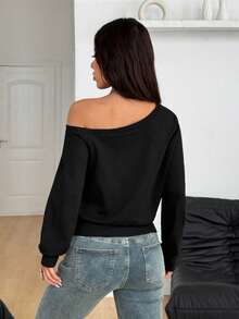 Coolane Women's Fall Streetwear Casual Going Out Minimalist Daily Wear Essentials Fashion Asymmetrical Neck Grey Fitted Sweatshirt - Black - View 6