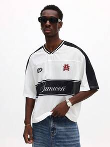 SUMWON Maglia in jersey a rete con scollo a V e maniche corte, con stampa a scritto, per abbigliamento casual estivo da strada