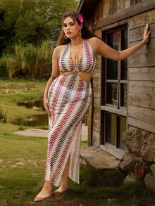 SHEIN Plus Size Contraste Cor Vintage Sem Mangas Decote em V Profundo Decoração com Anel de Metal Oco Saída de Praia Moderna