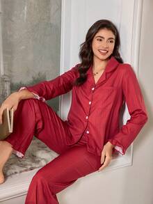 LuxeNights 女士新款纯色休闲翻领荷叶边下摆长袖睡衣套装，秋冬季，秋季服装 - 紅色 - 查看 4