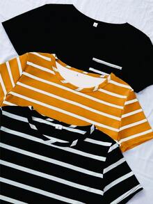 SHEIN 3件套女士休闲条纹短袖短裤睡衣套装 - 彩色 - 查看 5