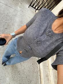 女士灰色 3D 花卉针织纽扣前短袖开衫 - 灰色 - 查看 5