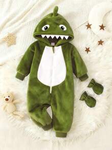 SHEIN Playful Pals 2pcs Baby Boys' Sage Green Winter Flannel Monster Claw Hooded Jumpsuit With Gloves Pajama Set,Funny Graphic Family Matching Dinosaur Horror Outfits - Green - View 3