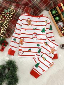 2pcs Young Boy  Print Snug Fit Tight Fit Pajamas Long Sleeve Top And Pants Pajama Set Kids Christmas Pajama Toddler Boy Pajamas Set Gingerbread Pajamas Christmas Pajamas For Girl And Boy Family Christmas Matching Pajamas Set - Multicolor - View 2