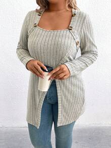 SHEIN T-shirt décontracté printemps pour femmes, grande taille, à manches longues, élégant, avec boutons décoratifs, pour la maison et l'usage quotidien - Beige - Voir 5