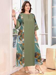 SHEIN Lacomfia 大码女式宽松休闲阿拉伯风格拼接圆领七分袖连衣裙 - 彩色 - 查看 3