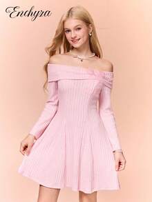 少女露肩长袖蝴蝶结T恤裙，适合青春期前女孩，返校季穿搭，可爱校园风上衣，粉色系，秋季上衣，学院风上衣，儿童情人节、夏季、春夏休闲派对连衣裙，节日装扮 - 粉色 - 查看 3