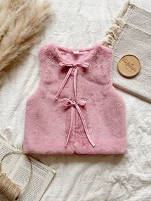 Vintaside Kids Young Girls Plush Soft Jacket, Removable Decorative 3D Bow Vest Design, Fashion Countryside Style, Cute Pink, Versatile All-Match Elegant Lady Jacket Vest