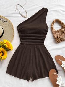 Soleia Plus Size Women Casual Ruched Sleeveless Jumpsuit, Suitable For Vacation, Autumn/Winter - Coffee Brown - View 6