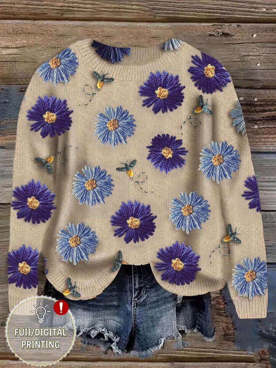SHEIN LUNE 3D 花卉印花女式休闲宽松圆领长袖毛衣,秋冬 - 彩色 - 查看 1