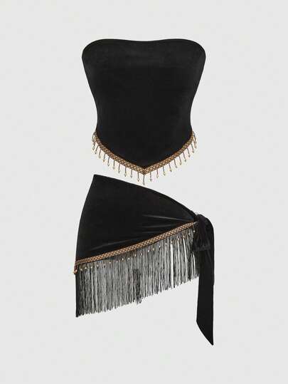 Hippie Jupe cache-maillot en velours à 2 pièces avec décoration de perles en bois et de franges, style rétro hippie pour festival de musique, sexy pour femmes