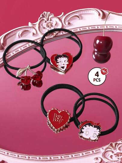 Betty Boop x SHEIN 4 Pcs Zinc Alloy Women's Elastic Hair Rope Red Heart Cherry Gold Hair Ring Black Rubber Band Set, Suitable For Tying Hair And Ponytail Hairstyle,Gift Ideas,Party,Holiday,Valentine's Day