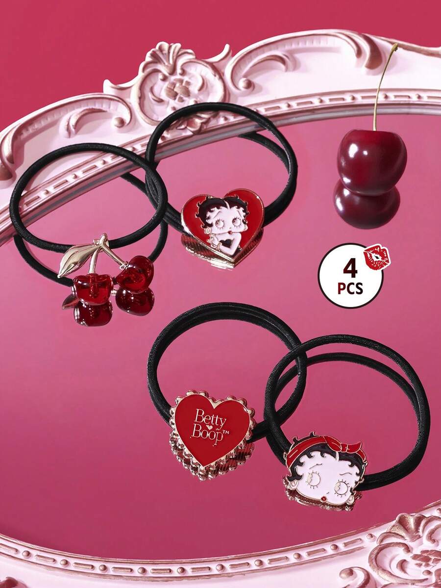 Betty Boop x SHEIN 4件套锌合金女士弹力发绳，红色爱心樱桃金色发圈黑色橡皮筋套装，适合扎头发和马尾辫发型，礼品创意，派对，节日，情人节 - 彩色 - 查看 1