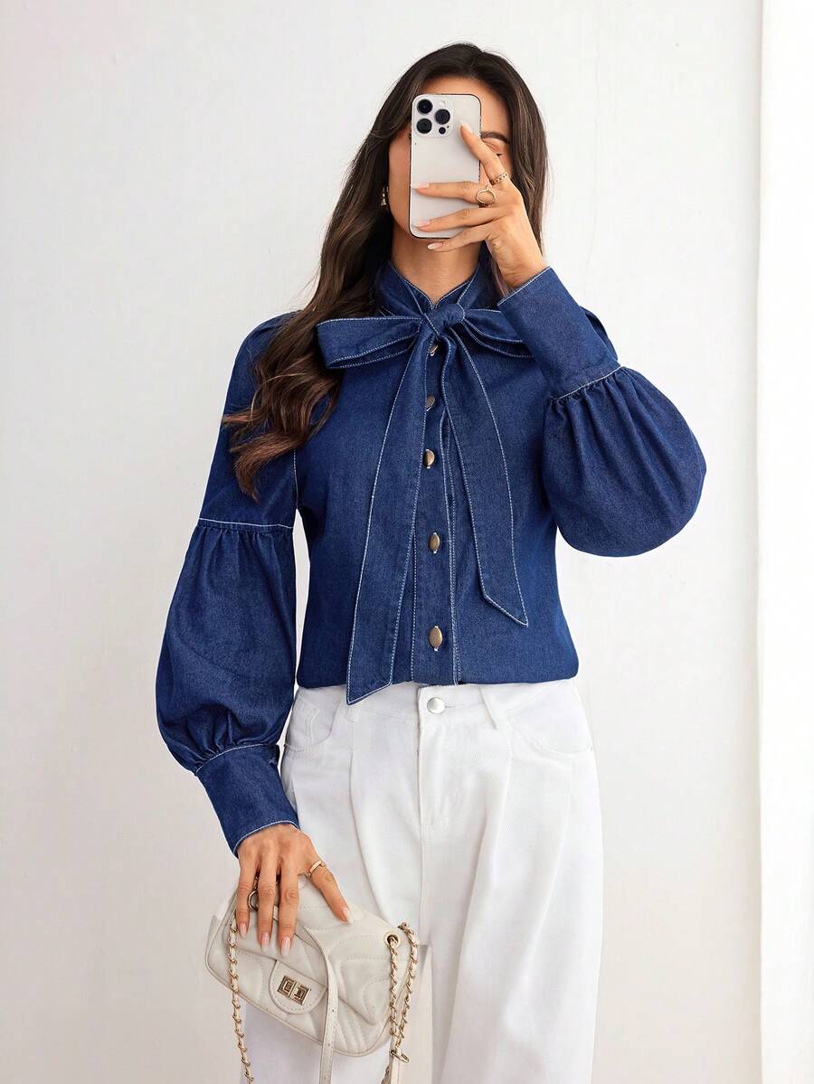 Elenzga Jaqueta e casaco jeans femininos casuais e elegantes - Azul - Ver 1