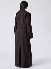 LYSMO Áo khoác dài tay màu nâu cà phê cho nữ thu đông, dáng rộng thoải mái, túi thắt lưng, thanh lịch, thoải mái, áo khoác len màu BBQ - Cà phê nâu - Xem 2