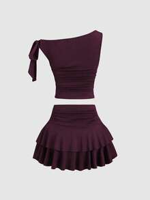 Sweetra 女士夏季古铜色金属花朵装饰吊带背心和褶皱多层迷你裙套装 - 中紫紅色 - 查看 4