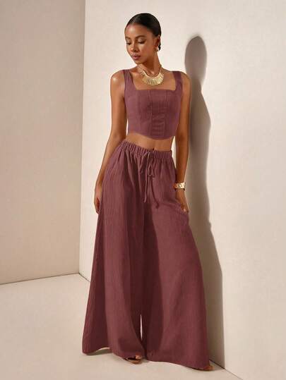 Zivah Nuevo conjunto de 2 piezas de vacaciones de primavera/verano con top de tirantes tipo espina de pescado y pantalones de pierna ancha con bolsillo, de tela texturizada - Estilo B